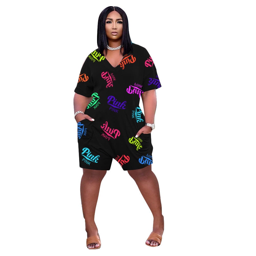 4 XL / Black Z107068 Sexy short sleeve Letter Print Pocket Jumpsuits Women V Neck Casual Plus Size Rompers