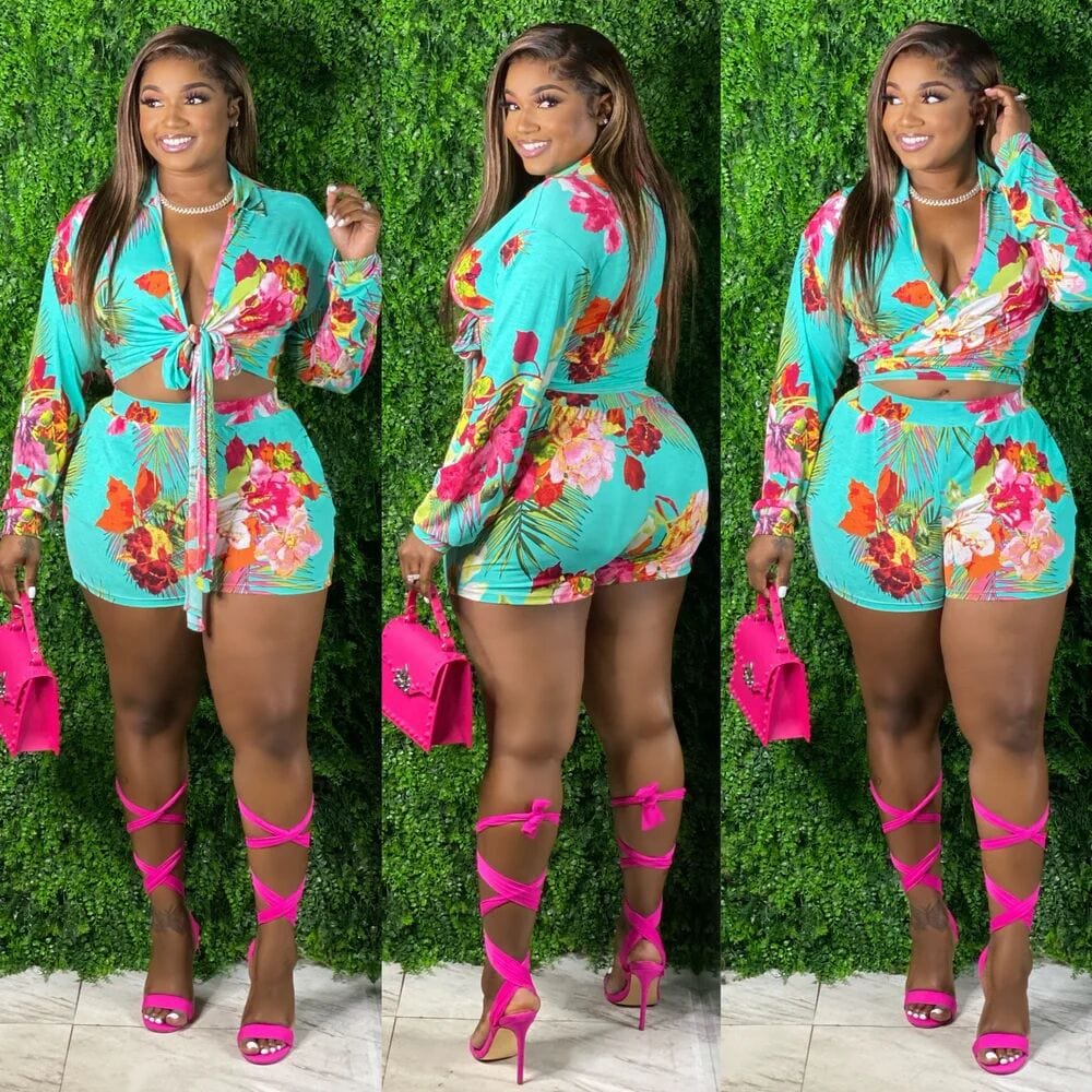 4 XL / Blue Best Seller Spring Summer 5XL Plus Size Bandage Clothing Suit Floral Print Casual 2 Two Piece Shorts Set Women