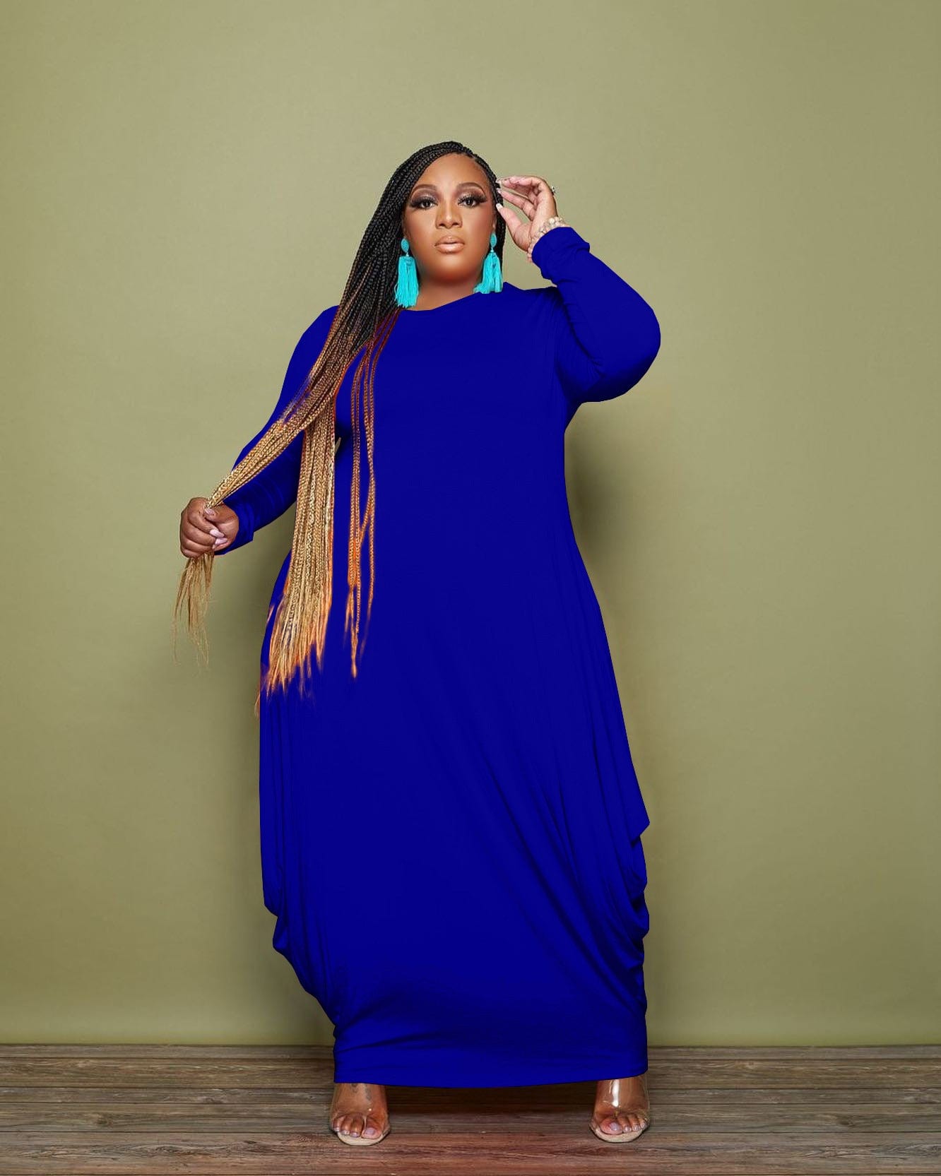 4 XL / Blue SQ-90091 Plus Size New Autumn And Winter Women'S Clothing Irregular Solid Color Women Full Sleeve Dress