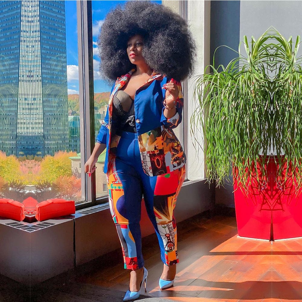 4 XL / Blue Wholesale Patchwork Print Plus Size Fall Casual Two Piece Set for Women Oversize Autumn Long Sleeve Ladies Clothing Suit