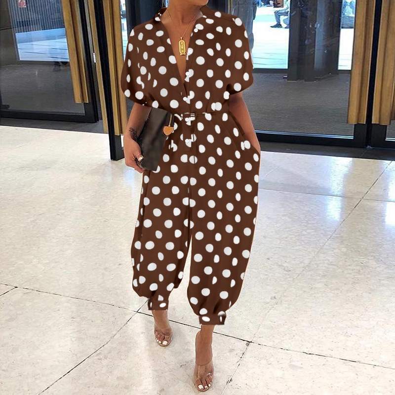 4 XL / Brown Dots 2022 Summer Women Cargo Romper Jumpsuits Fashion Casual Short Sleeve Plus Size Loose Cargo Jumpsuit with Pockets