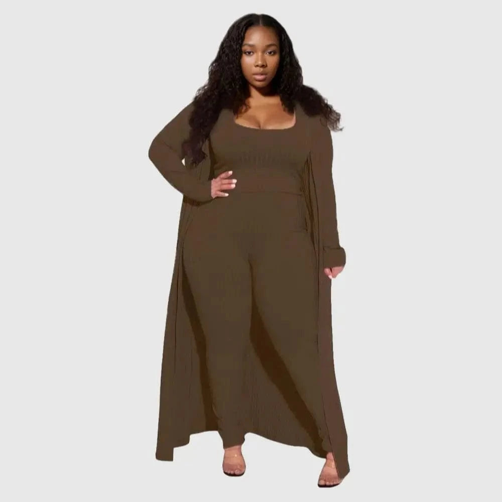 4 XL / Brown E0110ME14 New Design Plus Size Loungwear Ribbed Good Stretch 3 Piece Basic Clothing Sets Women Sehe Fashion
