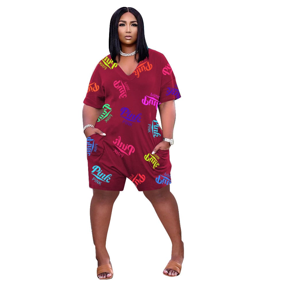 4 XL / Burgundy Z107068 Sexy short sleeve Letter Print Pocket Jumpsuits Women V Neck Casual Plus Size Rompers