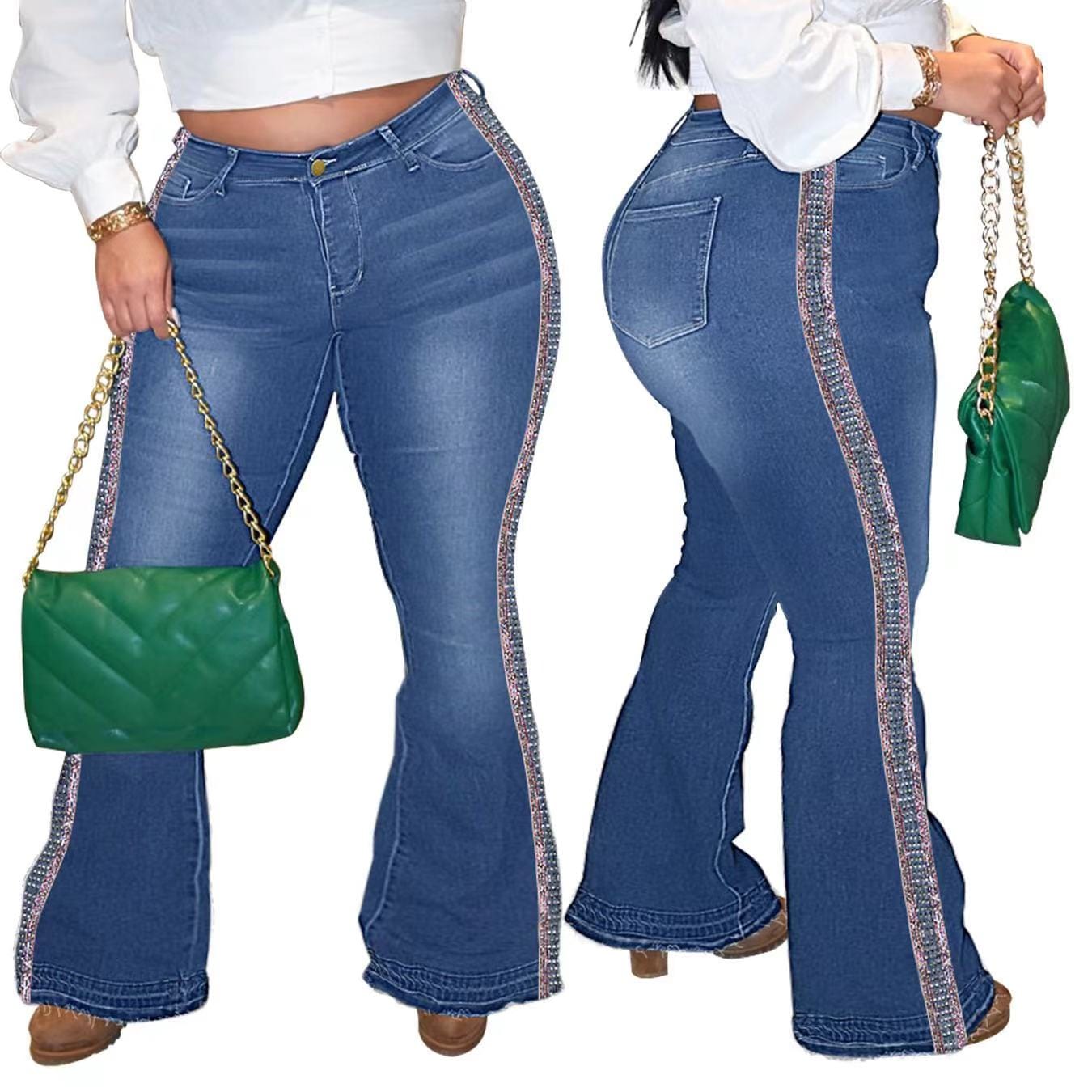 4 XL / Dark blue J&H 2023 new arrivals 4XL plus size bell bottom jeans women fashion stretchy denim pants high waist sexy casual trousers