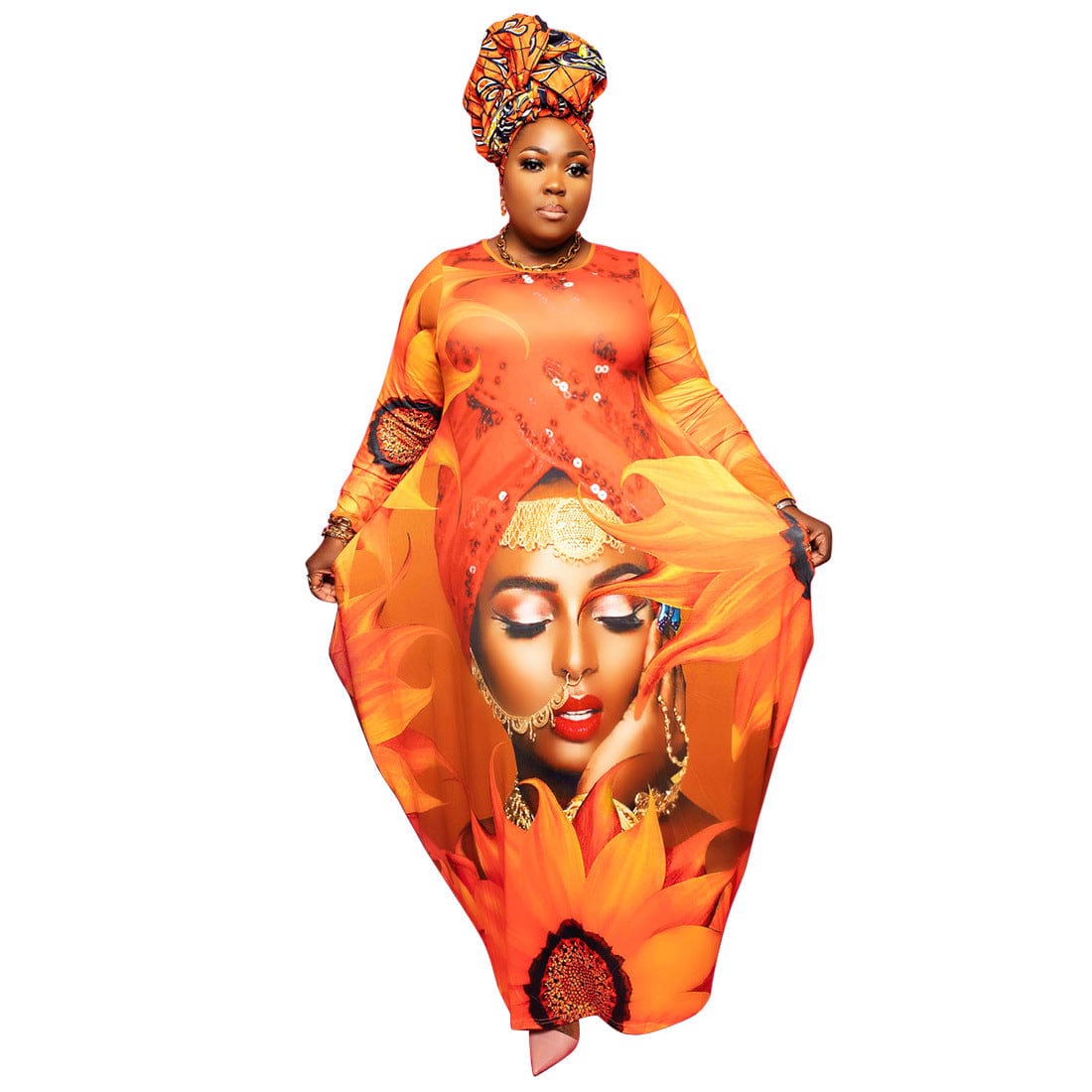 4 XL / Orange African Dress Women Autumn Long Sleeve Vestido Cotton Pocketed African Ladies Stretchy Plus Size Long Dresses New