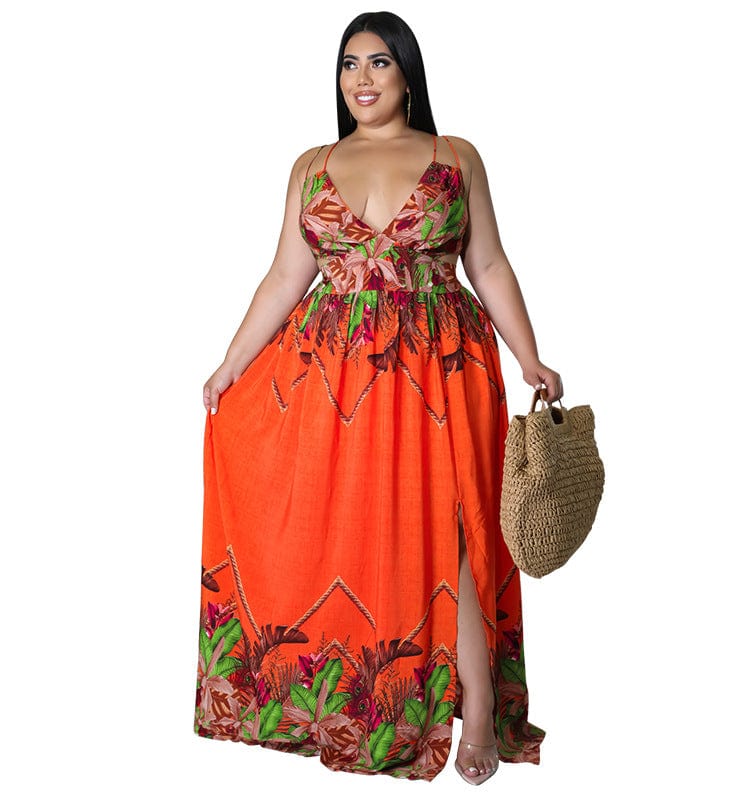 4 XL / Orange DM28163 2022 new arrival plus size flower printing v neck babydoll maxi standard suspender skirt sleeveless women dress