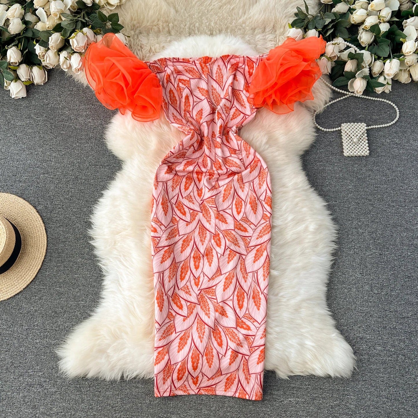 4 XL / Orange Puff Long Sleeve Midi Printed Birthday Plus Size Evening Dresses Women