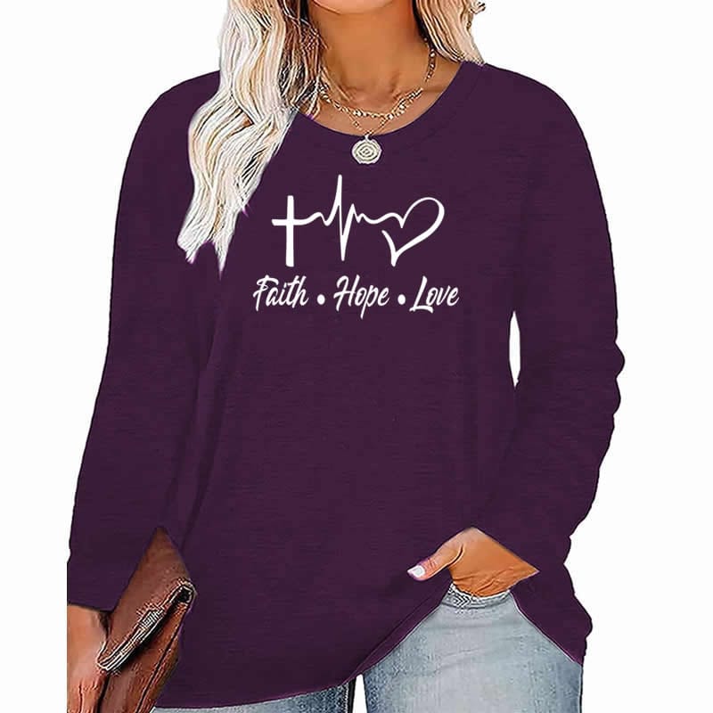 4 XL / Purple faith hope Love pattern Plus Size Women's Top Autumn X-Large-5X-Large woman clothes y2k t shirt oversized long sleeve tshirt