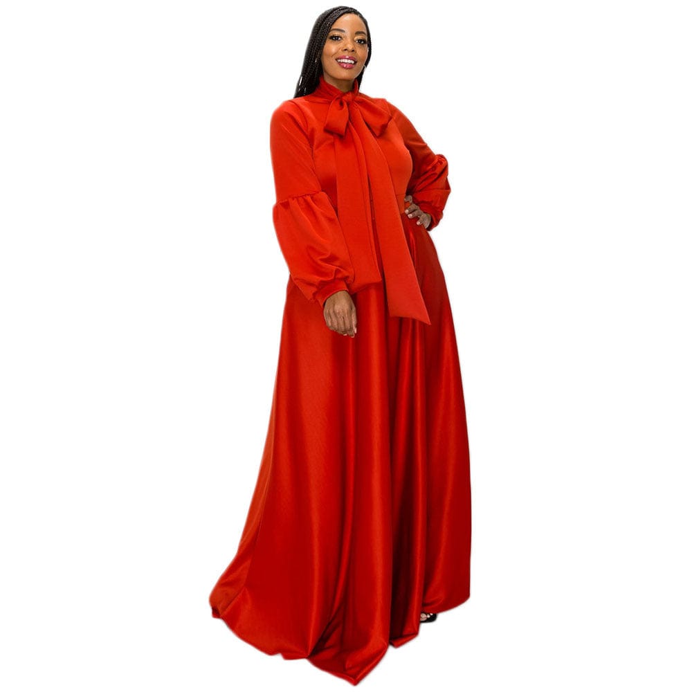 4 XL / Red C1102ME21 High Quality Plus Size Casual Solid Color Bow A-line Dress Women Sehe Fashion