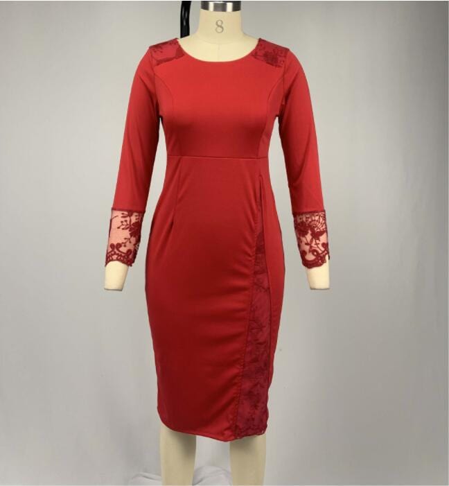 4 XL / Red Red O Neck Petal Sleeve Lace Patchwork Slim Big Size Lady Career Dress