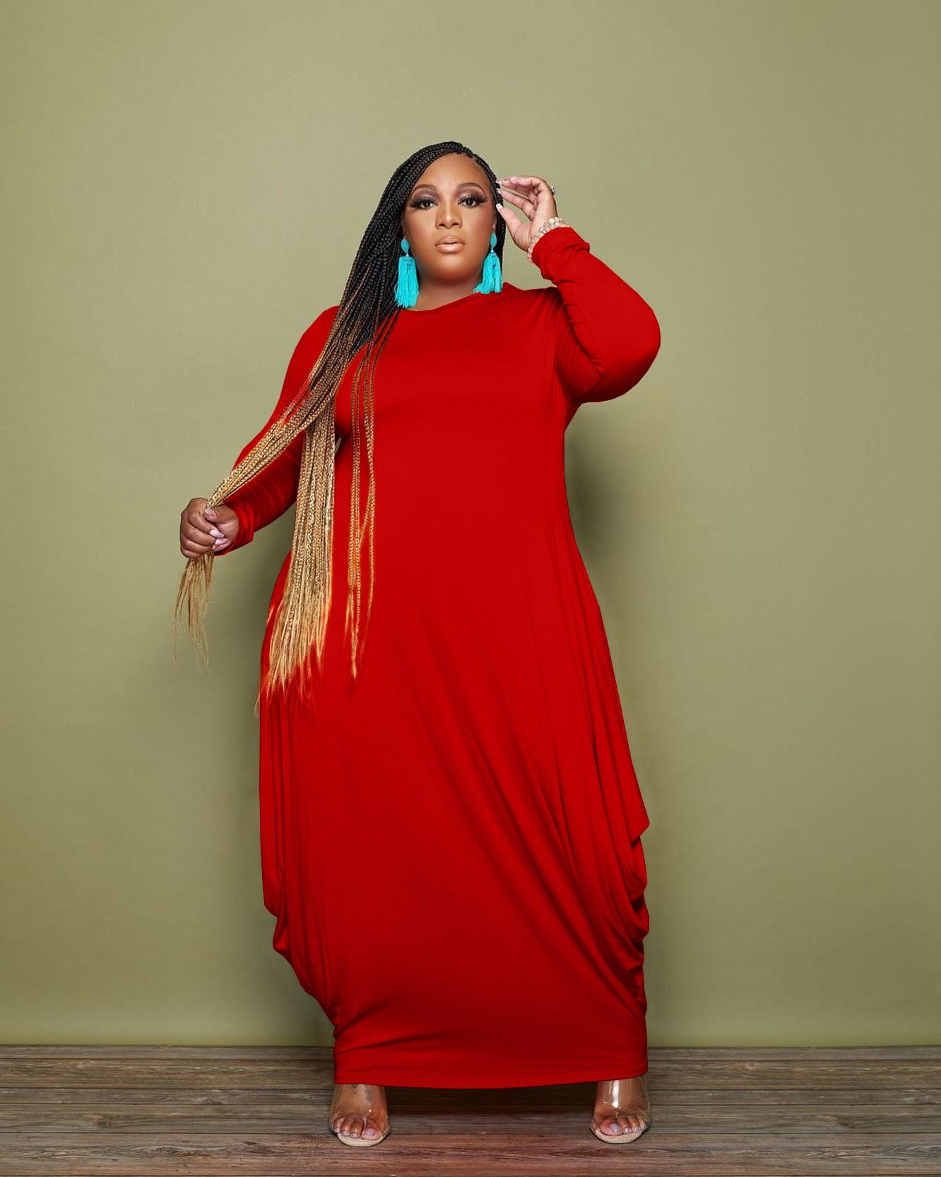 4 XL / Red SQ-90091 Plus Size New Autumn And Winter Women'S Clothing Irregular Solid Color Women Full Sleeve Dress