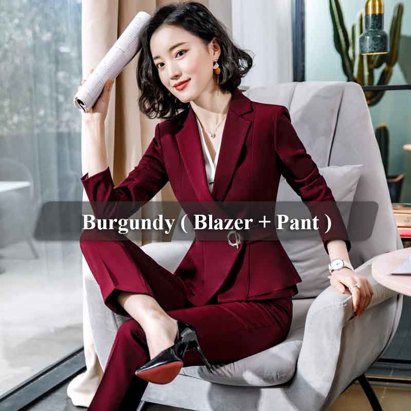 4 XL / Two-piece Burgundy Suit China Factory Burgundy Wholesaler 2 Piece Set Simple Formal Pant Suit Blazer Office Lady Designs Women Ruffles Jacket and Pant