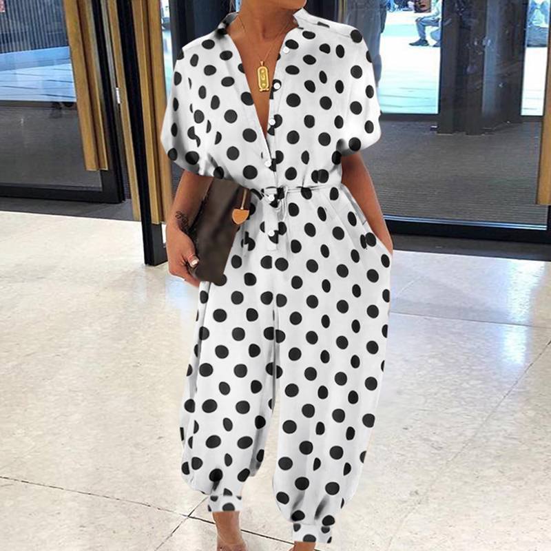 4 XL / White Dots 2022 Summer Women Cargo Romper Jumpsuits Fashion Casual Short Sleeve Plus Size Loose Cargo Jumpsuit with Pockets