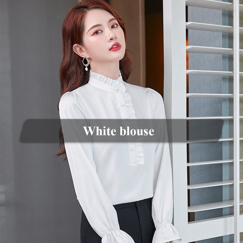 4 XL / White Wholesale Dropship OEM Fashion elegant Stand Collar Blouse With Work Wear Office Lady Female Tops Chemise Loose Style Shirt