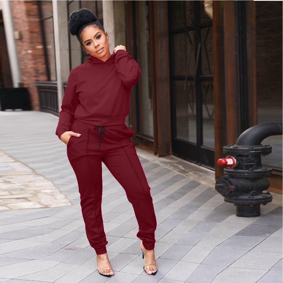 4 XL / Wine Red Plus Size Women Clothing Two Piece Set Ladies Casual Hoodie Set Gym Long Sleeve Sporty Tracksuits Sweatpants And Hoodie Set