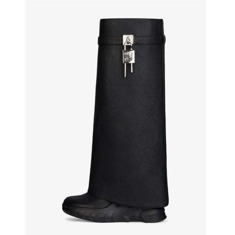 40 / 1 TX 2023 New In Thick Wedge Sole Shock Lock Increasing Designer Boots Overlay Fold Round Toe Long Boots Women Knee