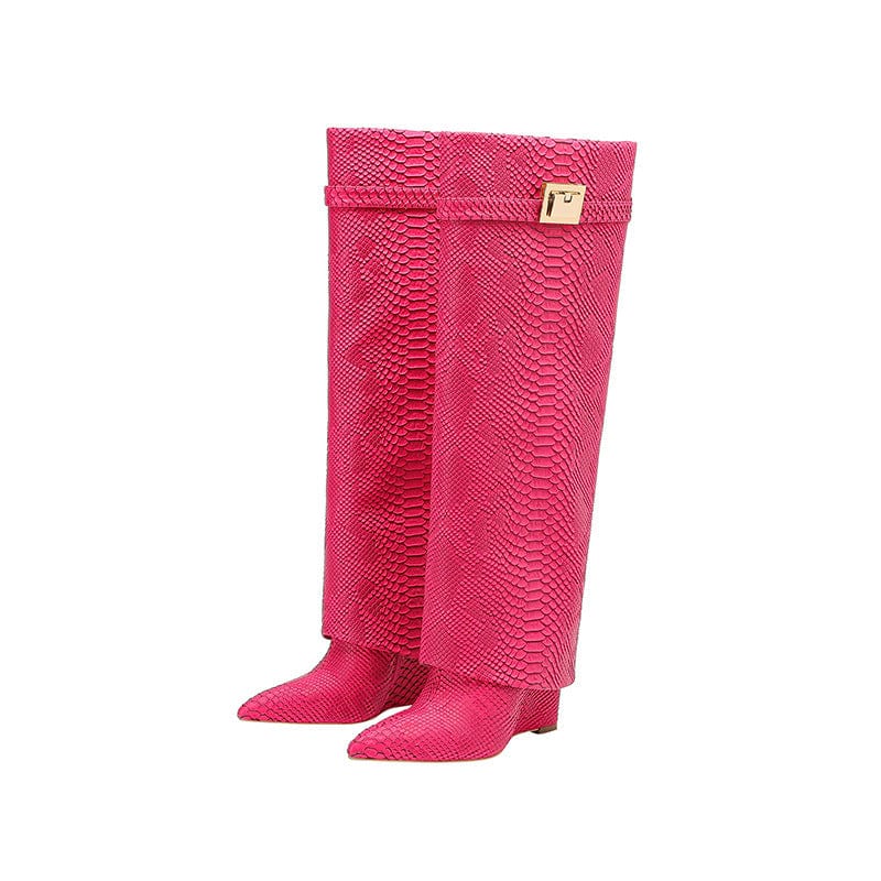 40 / 2 TX New winter style pointed toe high jelly heel large size shark lock boots knee length croc-effect pant boots for women