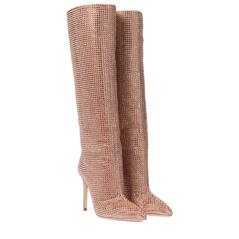 40 / 3 TX Luxury popular pointed toe knee length plus size rhinestones boot fashion catwalk starry high heels lady boots