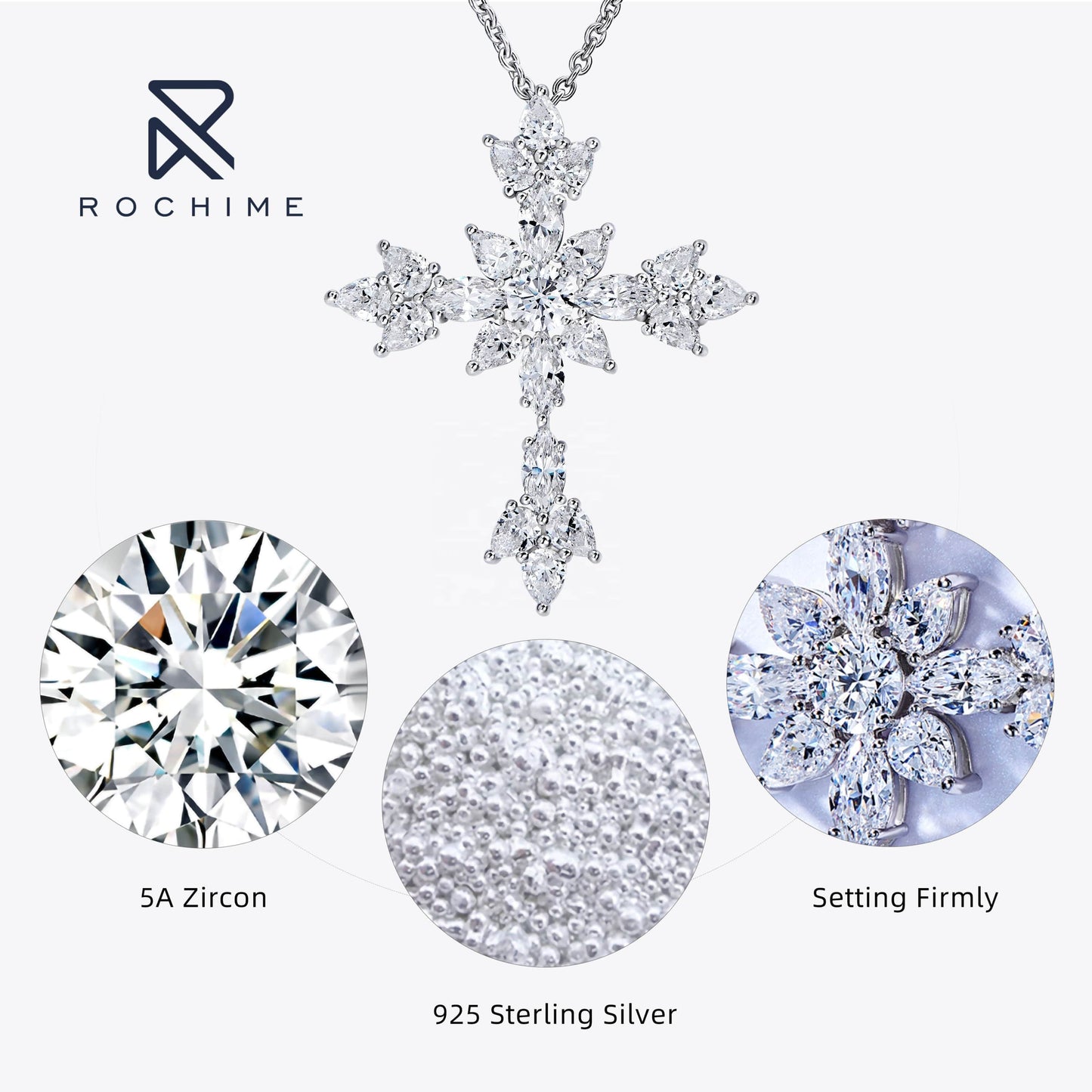 40+5cm / White gold Rochime luxury fancy cut cross diamond pendant necklace 925 sterling silver custom zircon fine jewelry for women