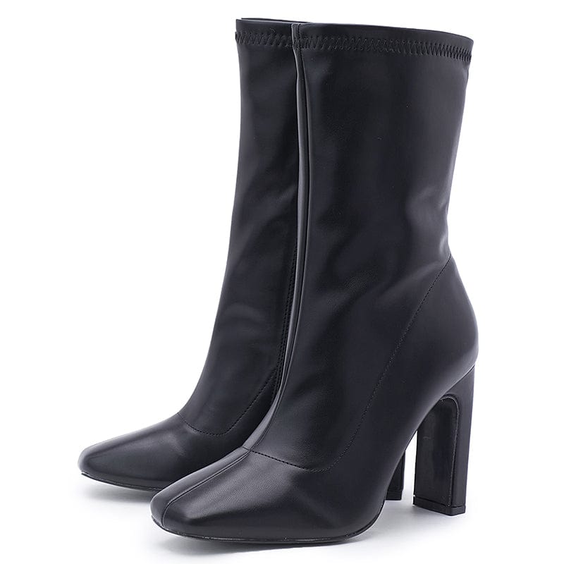 40 / Black Apricot Side Zippers Sexy 2023 Fashion Black High Heel Elastic Cloth Thick Heel Comfortable Square Head Ankle Women's Boots