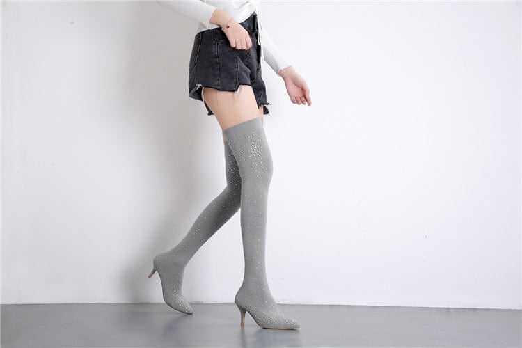 40 / Grey 2023 Fashion Runway Crystal Stretch Fabric Sock Boots Pointy Toe Over-the-Knee Heel Thigh High Pointed Toe Woman Boot