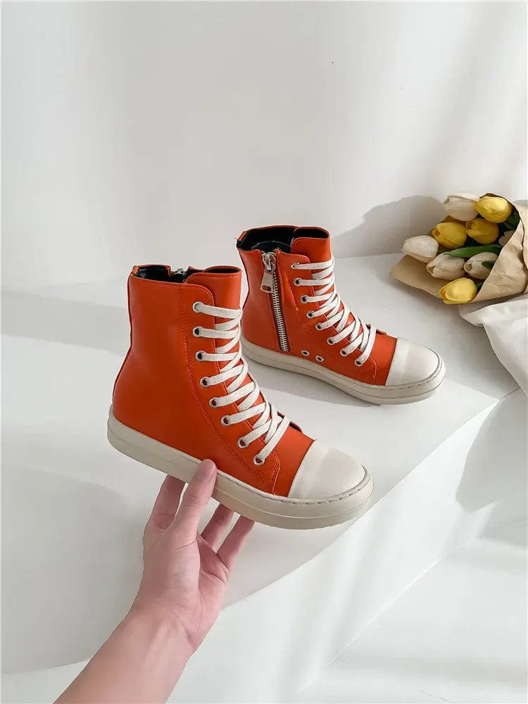 40 / Orange BUSY GIRL Canvas Shoes Women Casual Sneakers Flat Chunky Heels Lace Up Women Sneaker Streetwear Flats Black Leather Ankle Bootie
