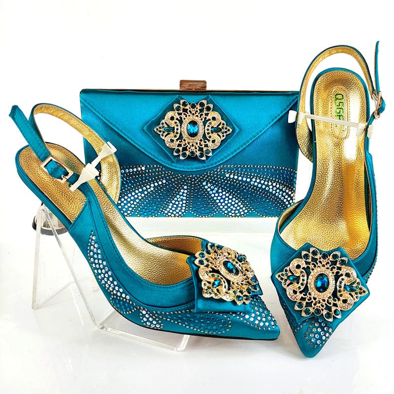 40 / SAB 3162-7 teal blue New Party Shoes Bag Set Beautiful Handmade Pu italian Shoes to Match Bag Set High Quality Women Shoes With Bag Set