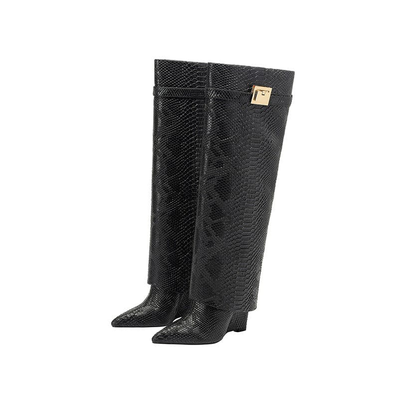 41 / 1 TX New winter style pointed toe high jelly heel large size shark lock boots knee length croc-effect pant boots for women
