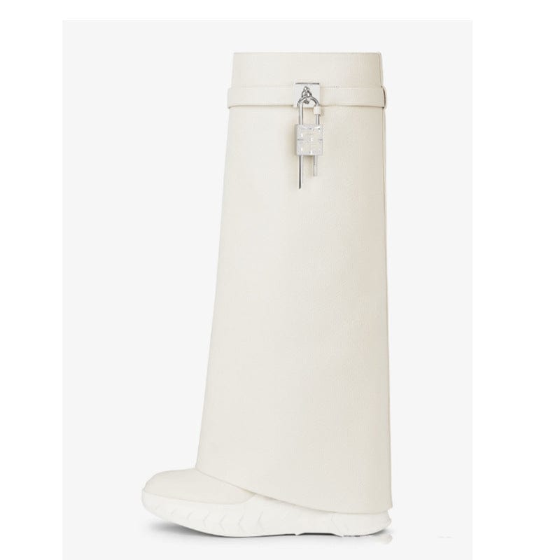 41 / 2 TX  2023 New In Thick Wedge Sole Shock Lock Increasing Designer Boots Overlay Fold Round Toe Long Boots Women Knee