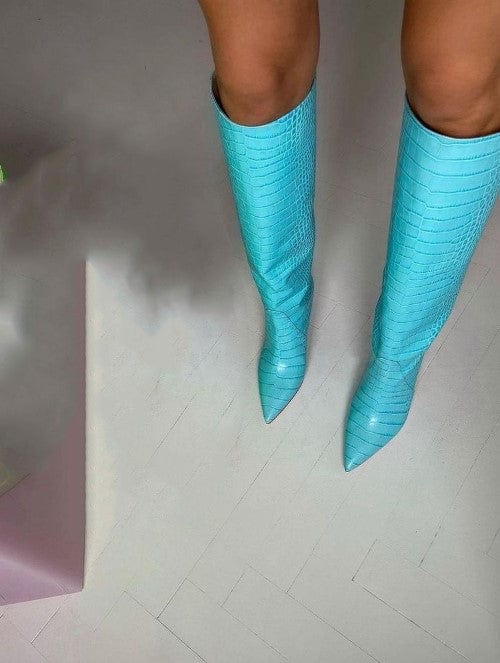 41 / 2 TX New arrival stiletto high-heel snake print catwalk ladies winter boots plus size fluorescent green knee high leather boots