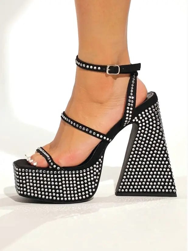 41 / black BUSY GIRL QT4402 Heeled Sandals Women Black Sparkly Rhinestone Strap 14cm Triangle Block High Heels For Ladies Platform Topuklu