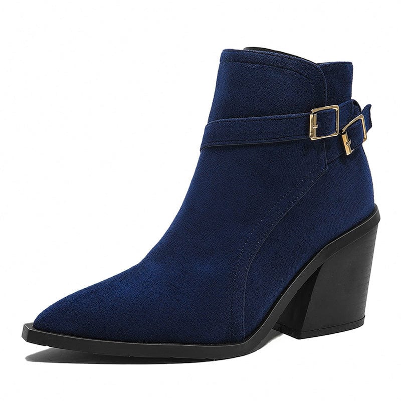 41 / Blue Fashion Pointed Toe High Heel 2022 Flock Heels Buckle Strap Decoration Side Zippers Ankle Chelsea Boots 36-43 Shoes For Women