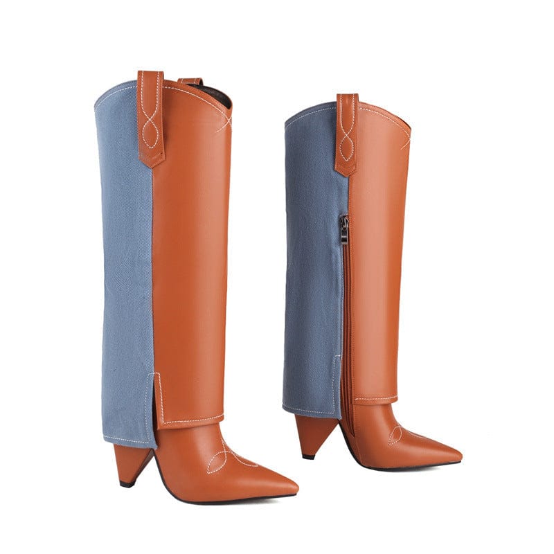41 / Brown 2022 Winter Season Comfort Fashion Patchwork Knee High Boots Sexy Pointed Toe Spike High Heel Color Matching Women Western Boots