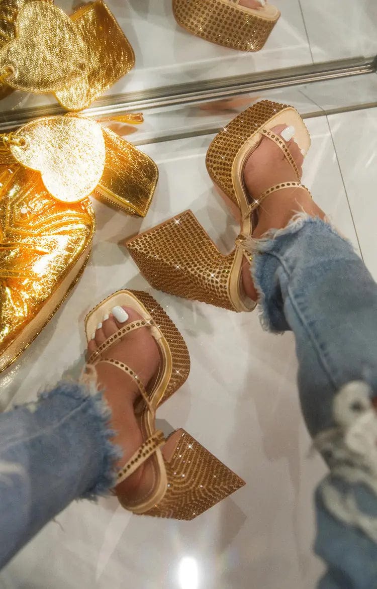 41 / Gold BUSY GIRL QT4402 Heeled Sandals Women Black Sparkly Rhinestone Strap 14cm Triangle Block High Heels For Ladies Platform Topuklu
