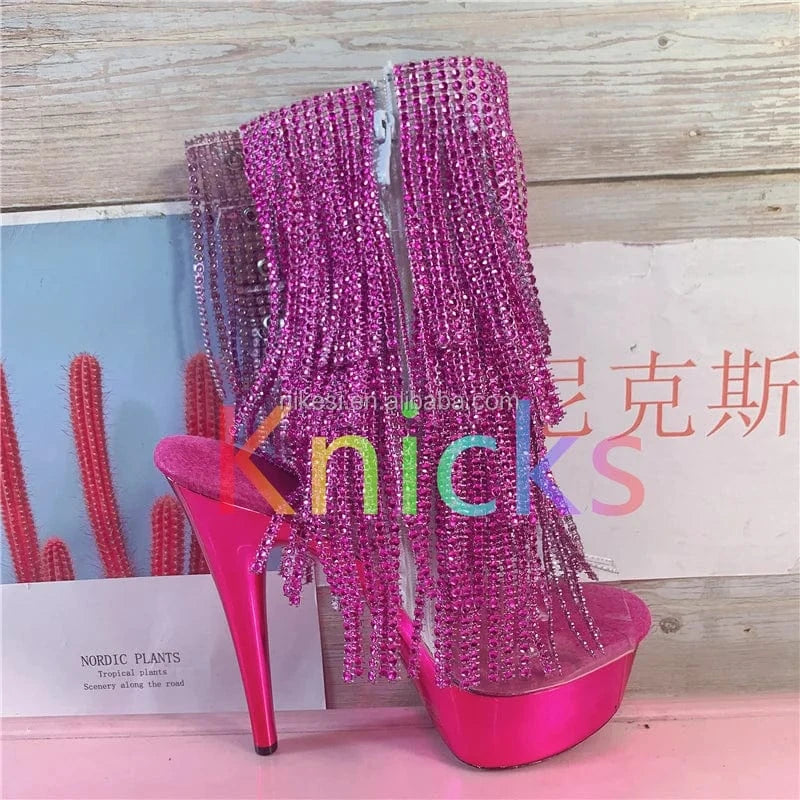 41 / Plum 15cm sexy tassel thin heel high heel back lace-up pole dance shoes/model catwalk dress shoes