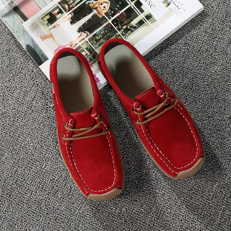 41 / Red Genuine Leather Women Slip On boat Shoes Casual outdoor Loafers Cow Suede Sneakers Ladies Shallow Footwear light walking shoes
