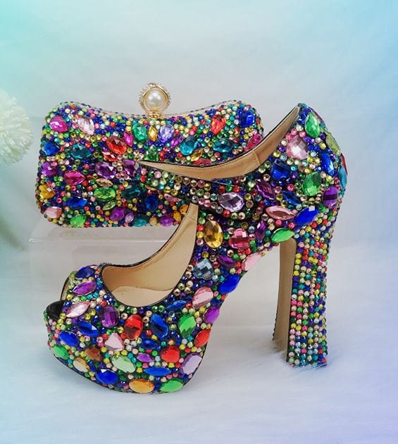 41 / shoes +bag TX fashion chunky large size high heels color rhinestone wedding shoes fish mouth bag shoes women
