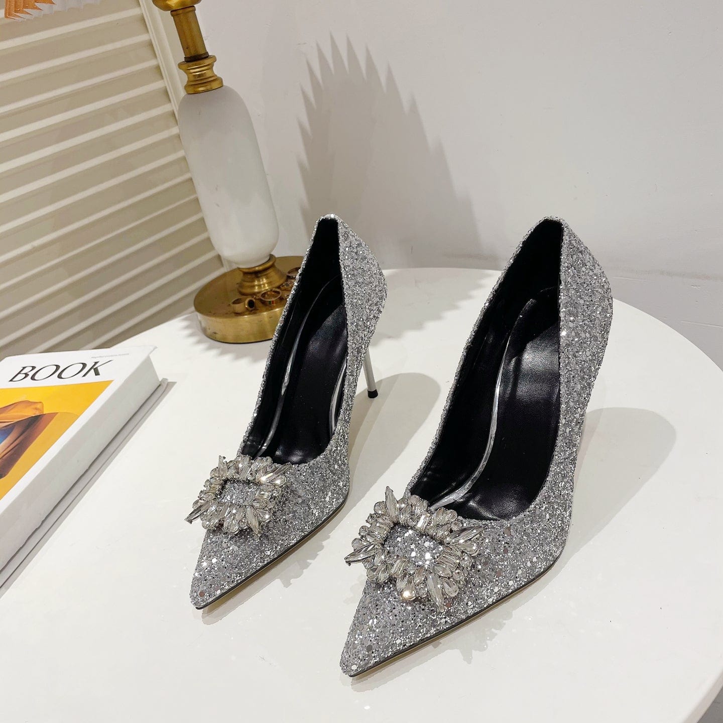 41 / silver 20223 autumn new commuter high-heeled women's single shoes pointed toe stiletto with flash material banquet rhinestones