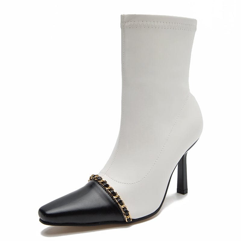 41 / White Rome Style Mixed Black White 2022 Colors PU Square Toe Gold Chain Decoration Thin High Heel Mid-Calf Boots 35-40 Women Shoes