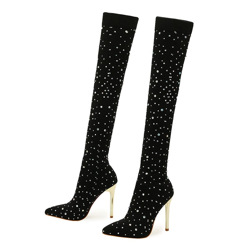 42 / Black Rhinestone Elastic Knee-High Boots 2023 New Pointed Toe Stiletto Solid High-heeled High Slip On lady Pumps Shoes Women Boots