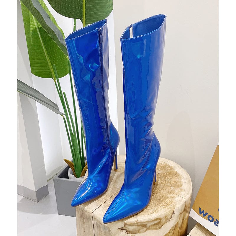 42 / Blue Mirror Sequin Boots Over Knee Sexy 2022 Runway Stilettos Pointed Toe Candy Colors High Heels Zipper Long Botas Mujer Women Shoes