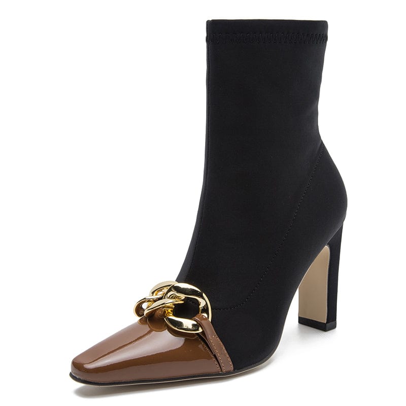 42 / Brown Rome Style Mixed Color Black 2022 PU Square Toe Metal Decoration Thin High Heel Mid-Calf Brown Boots 36-42 Women Shoes