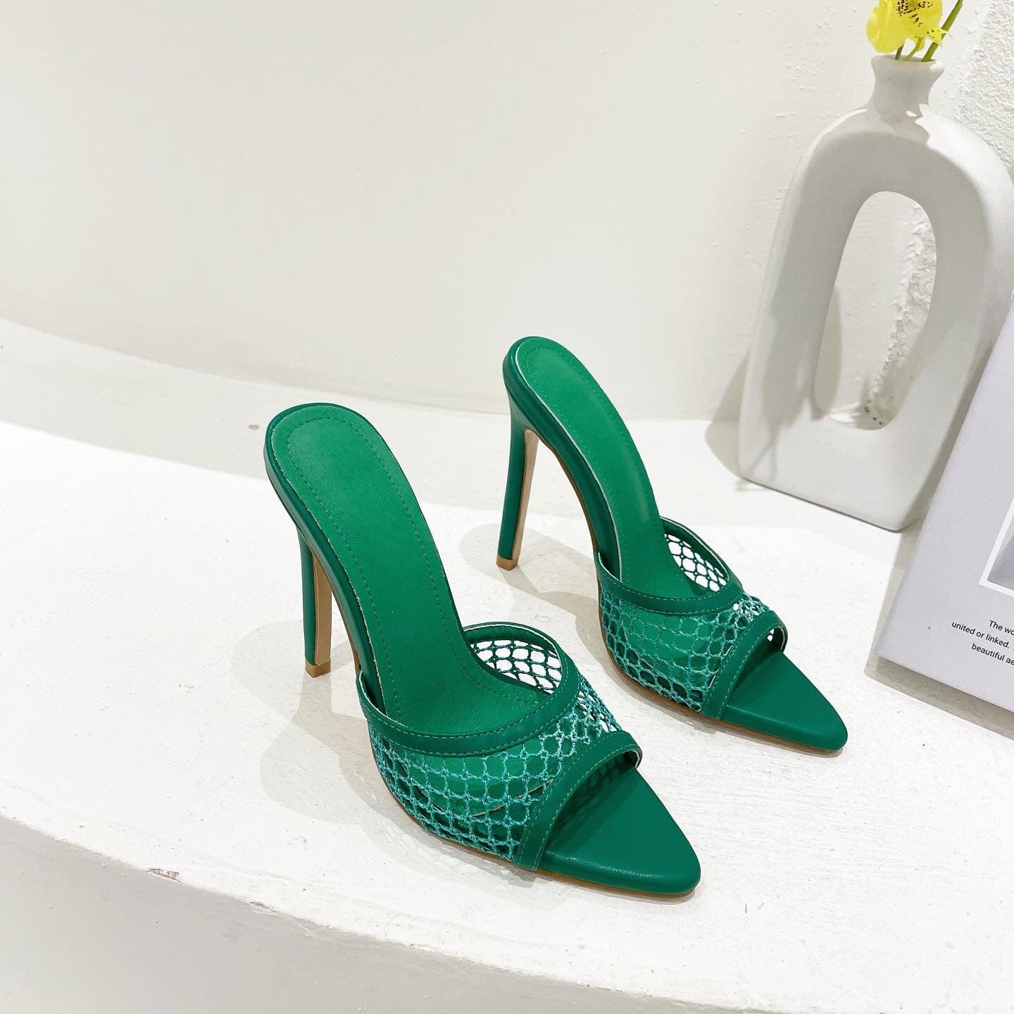 42 / Green PDEP 2022 Latest Women high Heels Mesh Hollow Upper Pointed Toe Stiletto Slingbacks 4 Colors slipper Heels for ladies