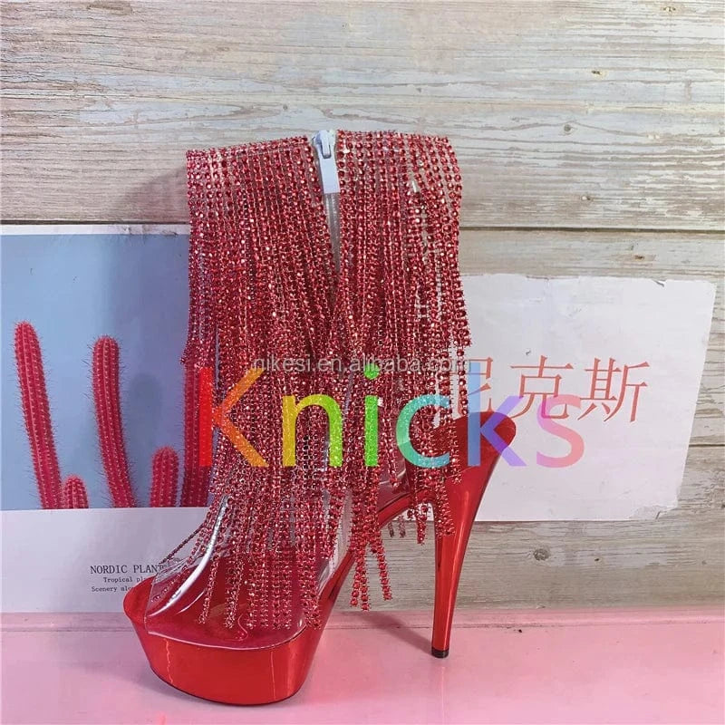 42 / Red 15cm sexy tassel thin heel high heel back lace-up pole dance shoes/model catwalk dress shoes
