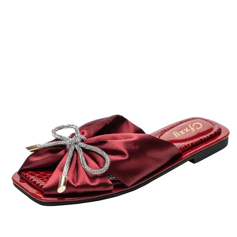 42 / Red Drop shipping summer slip on satin bow tie classic square toe flat slippers  women's sandals beautiful women's sport sandals