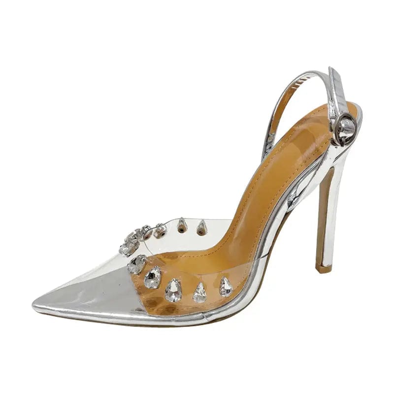 42 / silver 2023 Summer New Pointed Transparent PVC With Studded Rhinestone Chain Sandals Stylish Stiletto Multicolor Women's Shoes