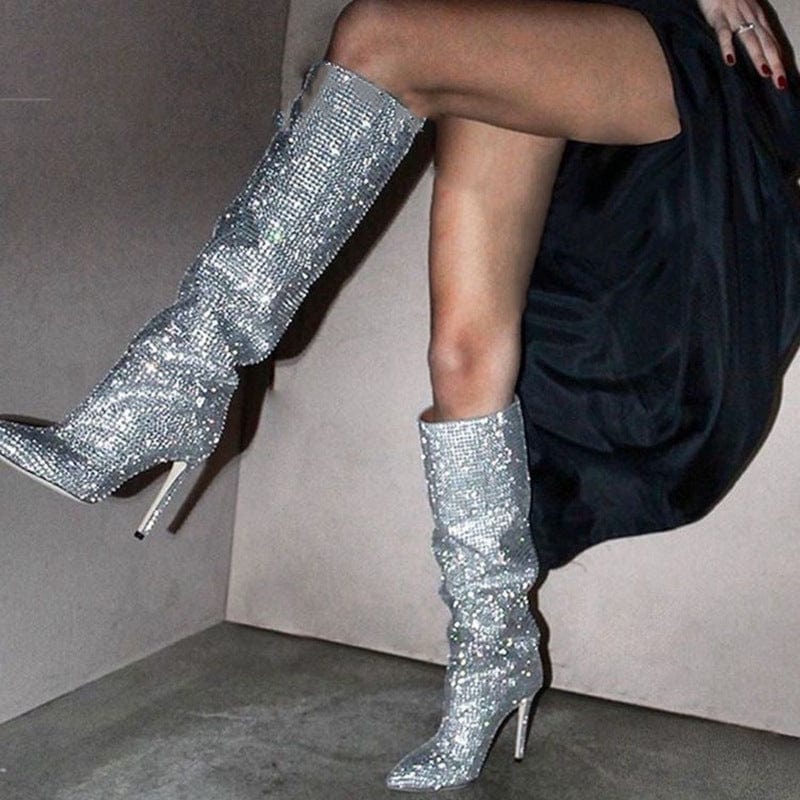 42 / Silver PDEP luxury pointed toe designer women rhinestone boots 2022 shining crystal over the knee high thin heel boots for ladies