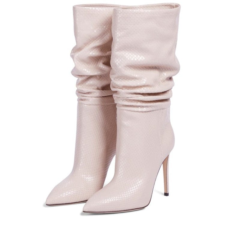 43 / Beige Leather Look Pointed Blue Thin Heeled Boots Microfiber Leather High Quality Pull On Knee High Boots for Ladies Big Size 48