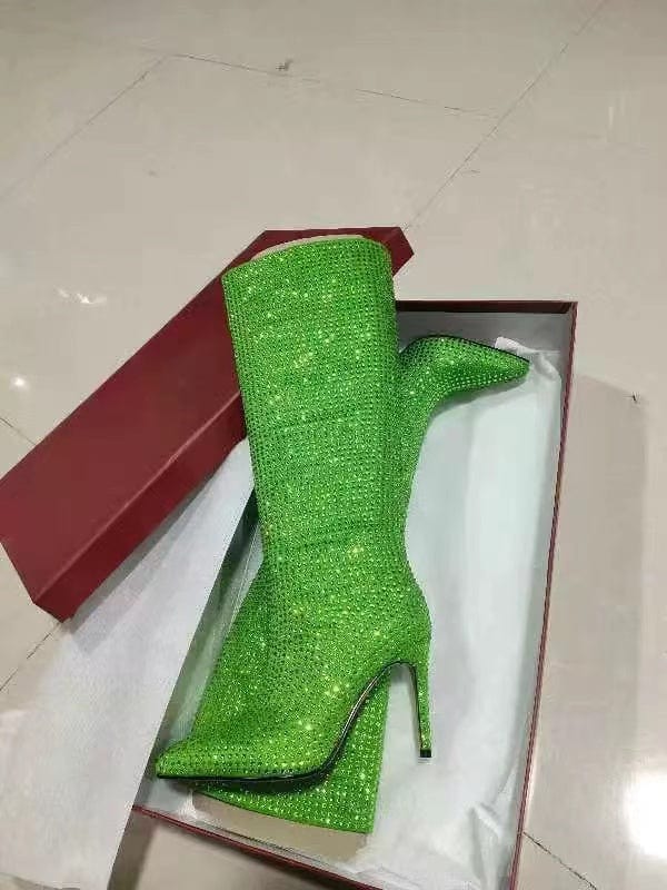 43 / Green PDEP luxury pointed toe designer women rhinestone boots 2022 shining crystal over the knee high thin heel boots for ladies