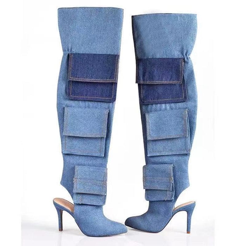 43 / long BUSY GIRL Over Knee Boots for Women Blue Denim Fabric 43 Open Thin High Heels Pockets Autumn Ankle Boots Thigh High Long Boots